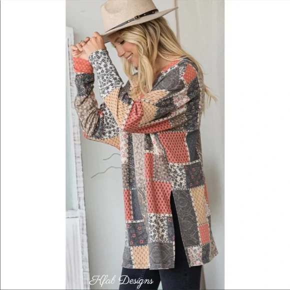 LAST 2! V Neck Patchwork Relaxed Fit Side Slit Detail Top! - Picture 6 of 8